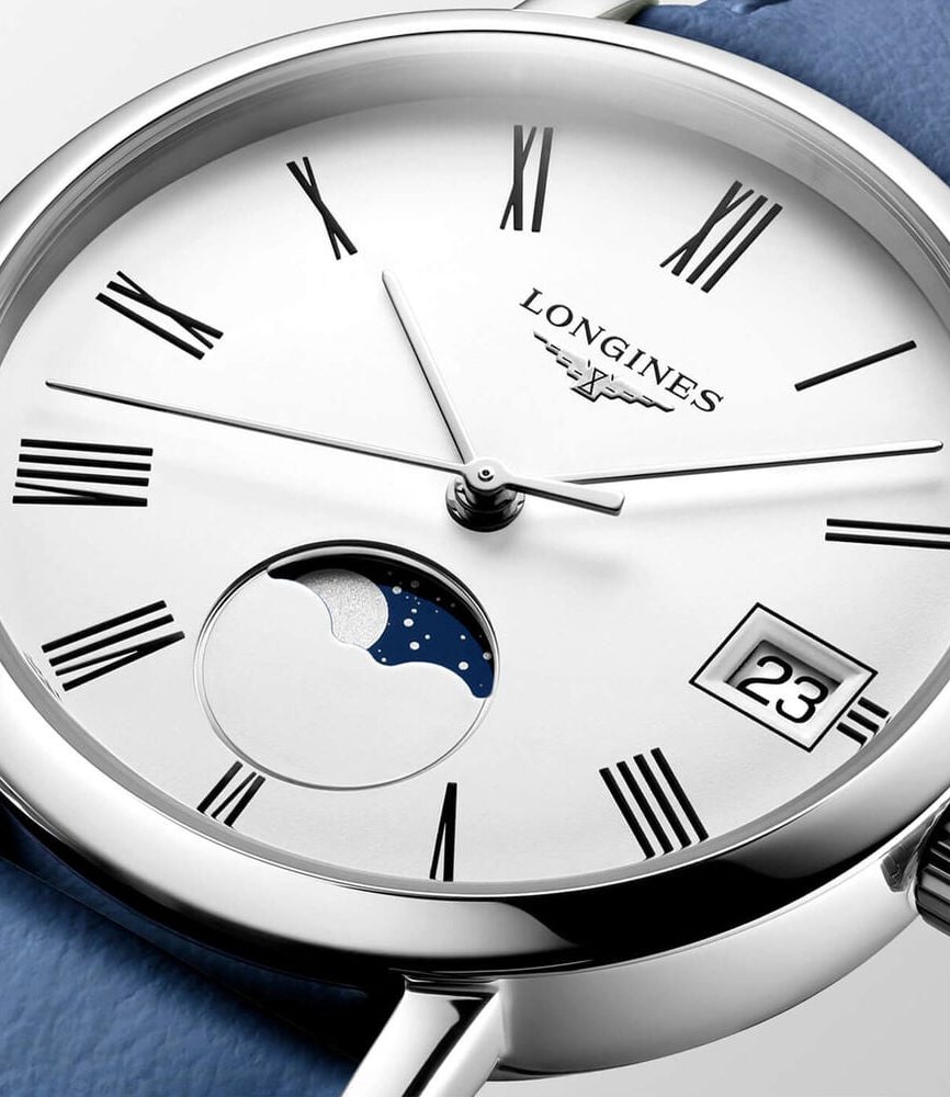 Longines Elegant 30mm White Dial Moonphase Blue Leather Strap Watch image number 2