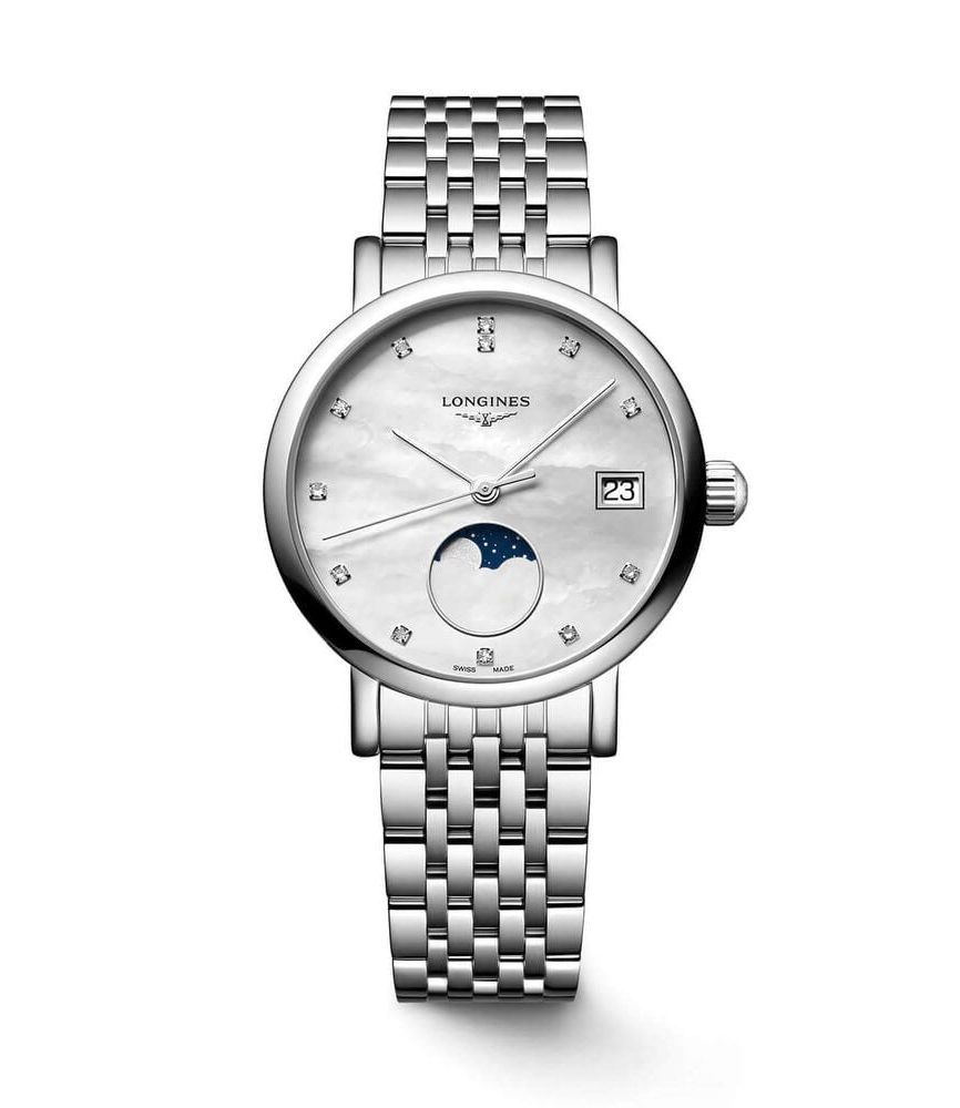 Longines Elegant 30mm MOP Dial Moonphase Diamond Dots Steel Bracelet Watch image number 0