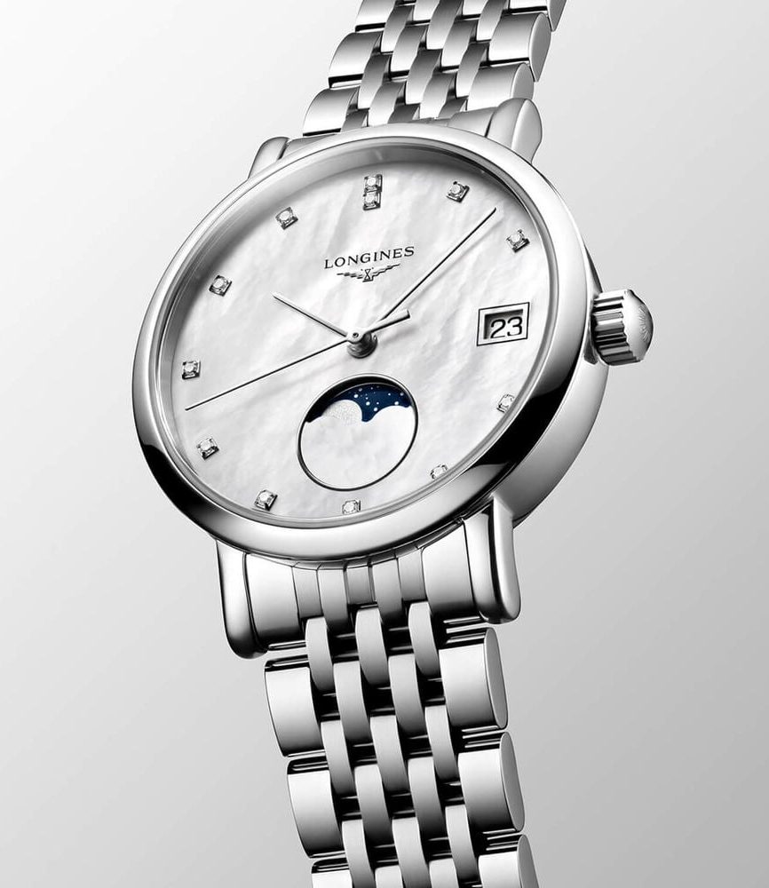 Longines Elegant 30mm MOP Dial Moonphase Diamond Dots Steel Bracelet Watch image number 1