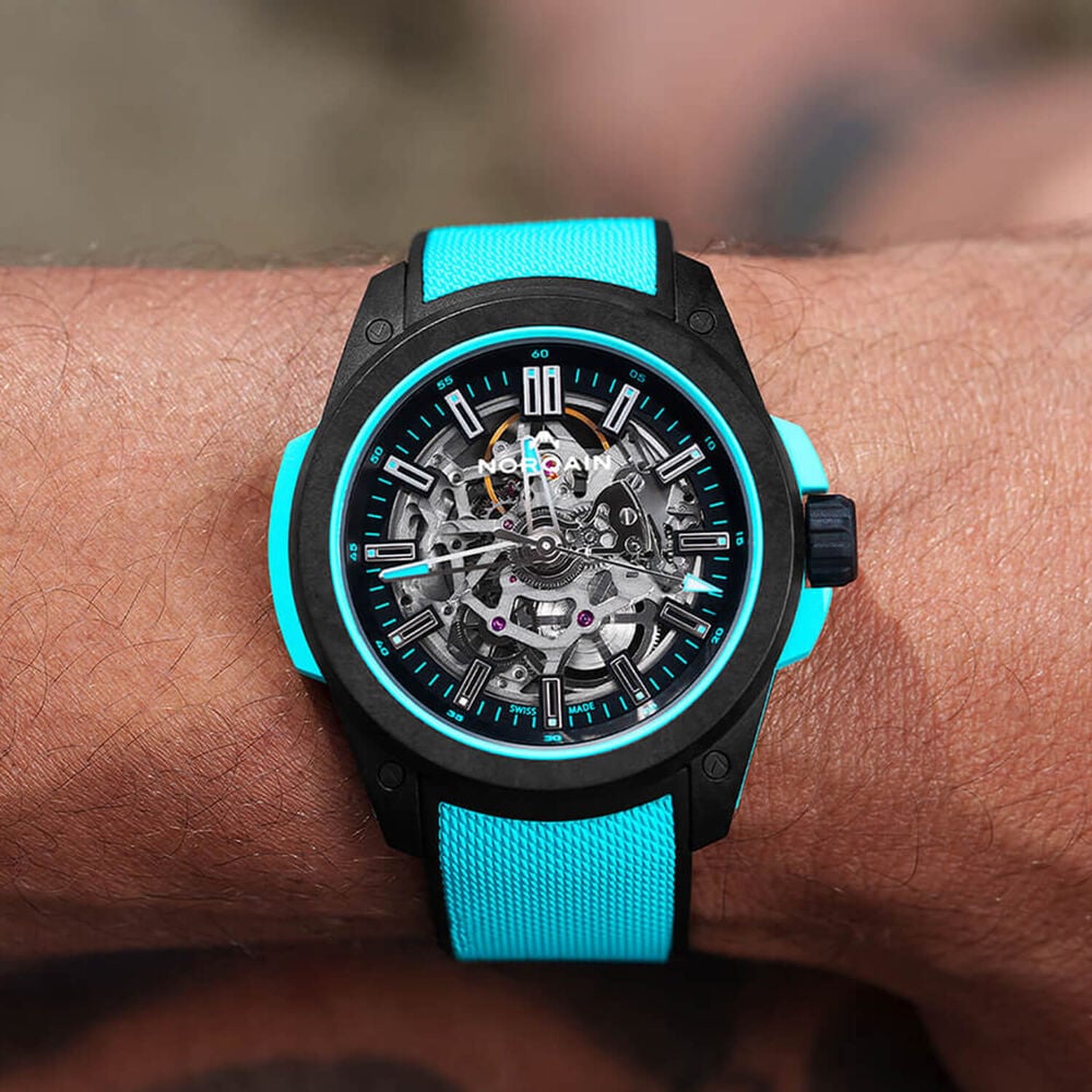 NORQAIN Wild ONE Skeleton 42mm Dial Turquoise Rubber Strap Watch image number 1