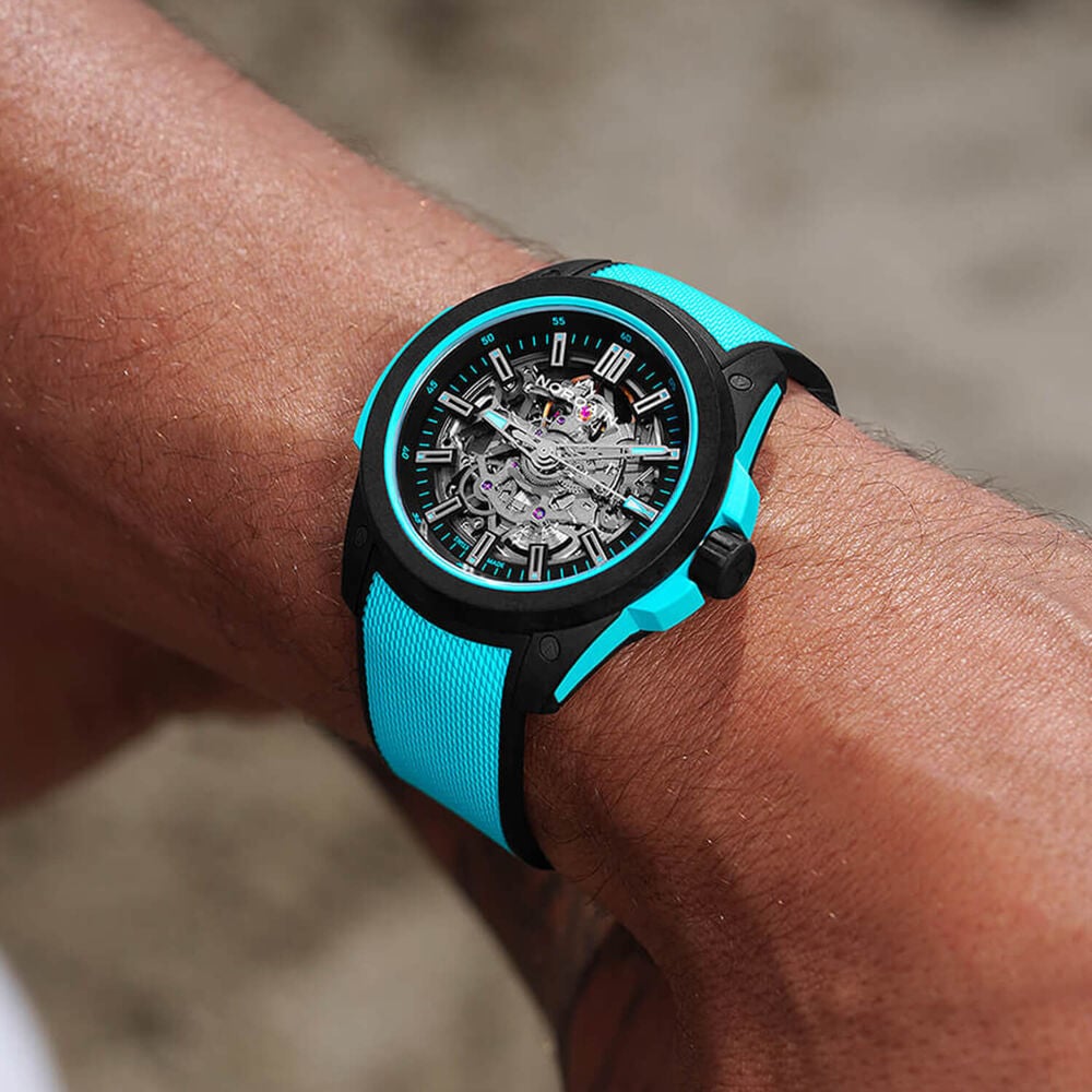 NORQAIN Wild ONE Skeleton 42mm Dial Turquoise Rubber Strap Watch image number 4