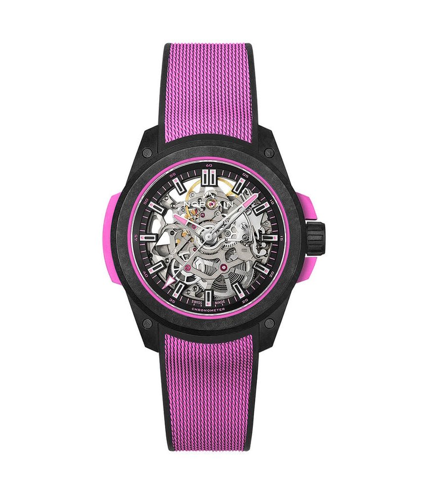 NORQAIN Wild ONE Skeleton 39mm Dial Hyper Pink Rubber Strap Watch image number 0