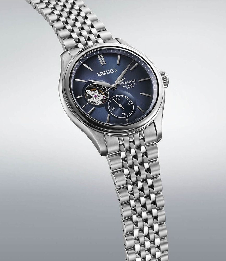 Seiko Presage Classic Open Heart 'Ai-iro' Japan Blue 40mm Dial Steel Bracelet Watch image number 2