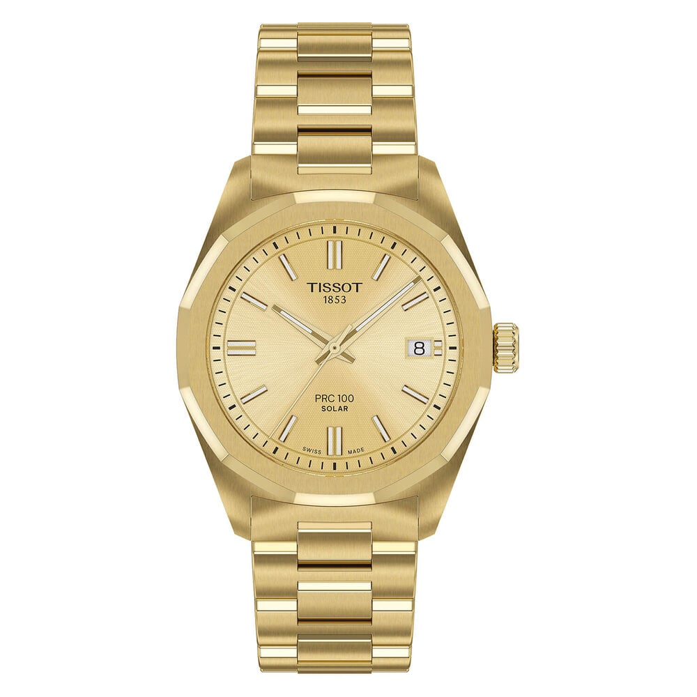 Tissot PRC 100 Solar 34mm Gold Dial Yellow Gold PVD Steel Bracelet Watch image number 0