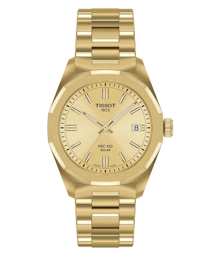 Tissot PRC 100 Solar 34mm Gold Dial Yellow Gold PVD Steel Bracelet Watch image number 0
