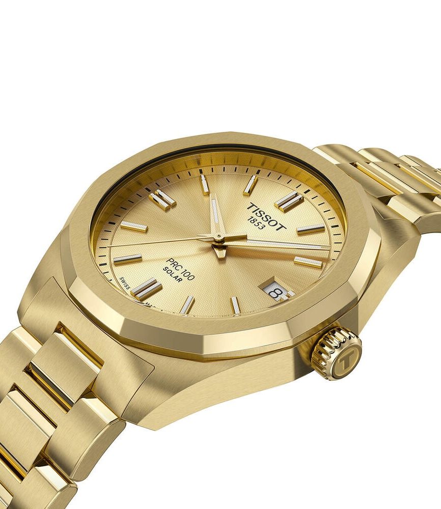 Tissot PRC 100 Solar 34mm Gold Dial Yellow Gold PVD Steel Bracelet Watch image number 1