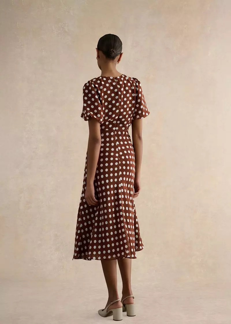 Petite Dorothy Spot Midi Dress, Brown Ivory, hi-res
