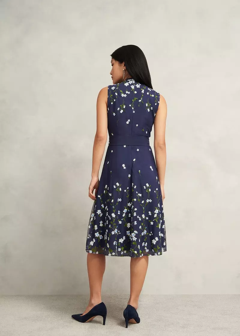 Petite Aria Floral Embroidered Dress, Midnight Blue, hi-res