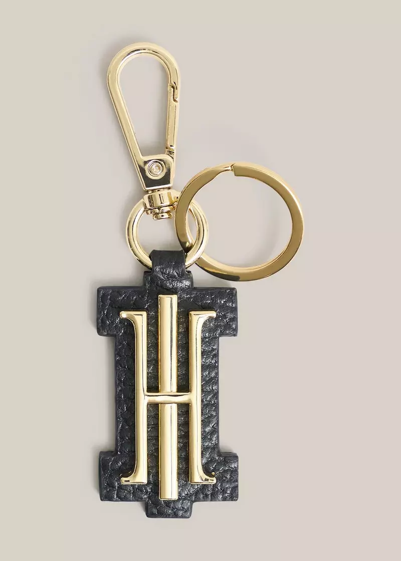 Rhianne Leather Key Ring, Black Gold, hi-res