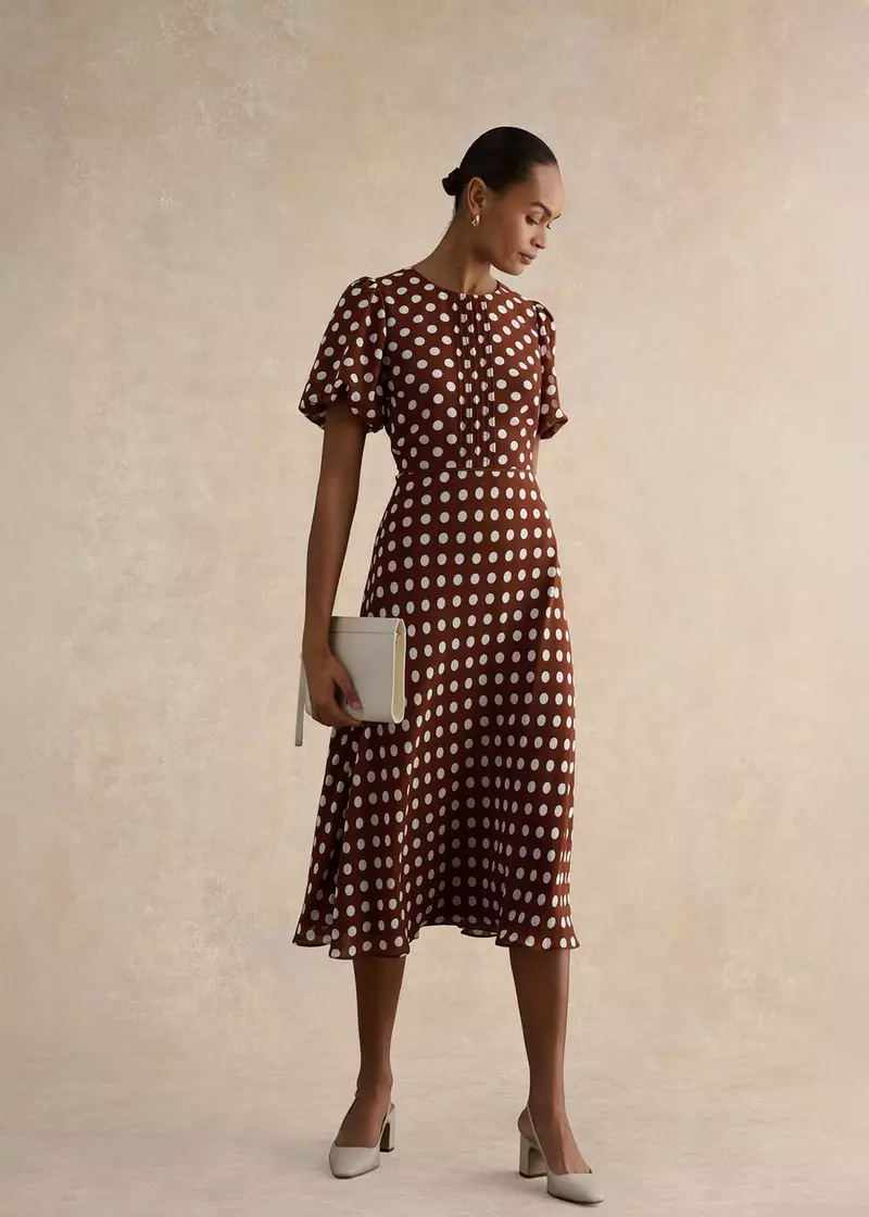 Dorothy Spot Midi Dress, Brown Ivory, hi-res