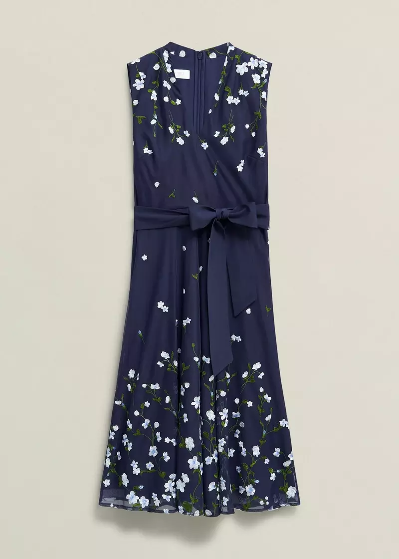 Petite Aria Floral Embroidered Dress, Midnight Blue, hi-res