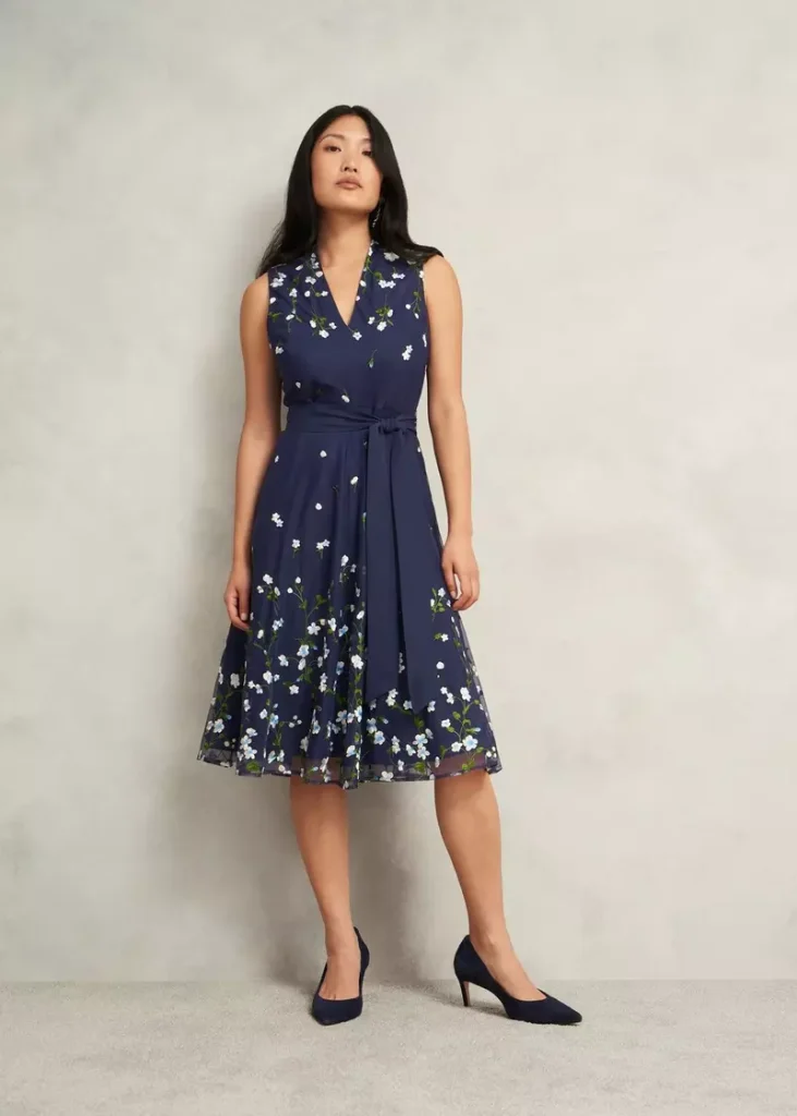 Petite Aria Floral Embroidered Dress, Midnight Blue, hi-res