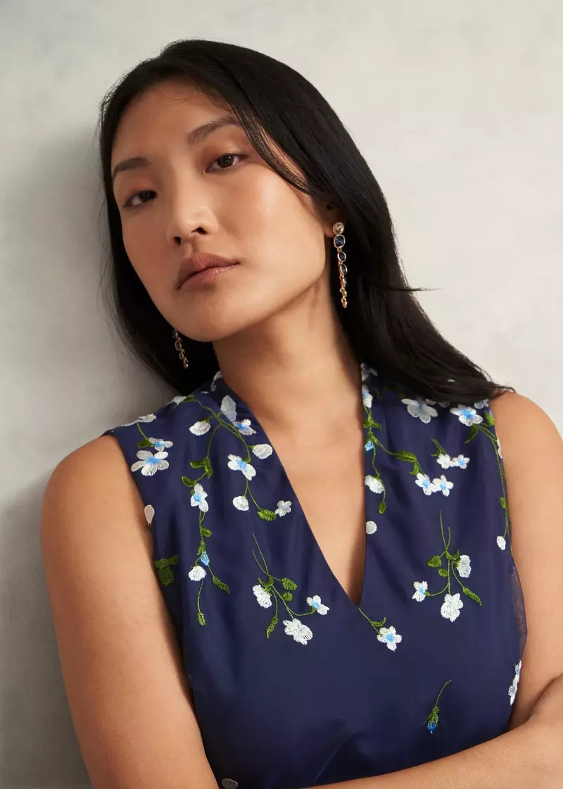 Petite Aria Floral Embroidered Dress, Midnight Blue, hi-res