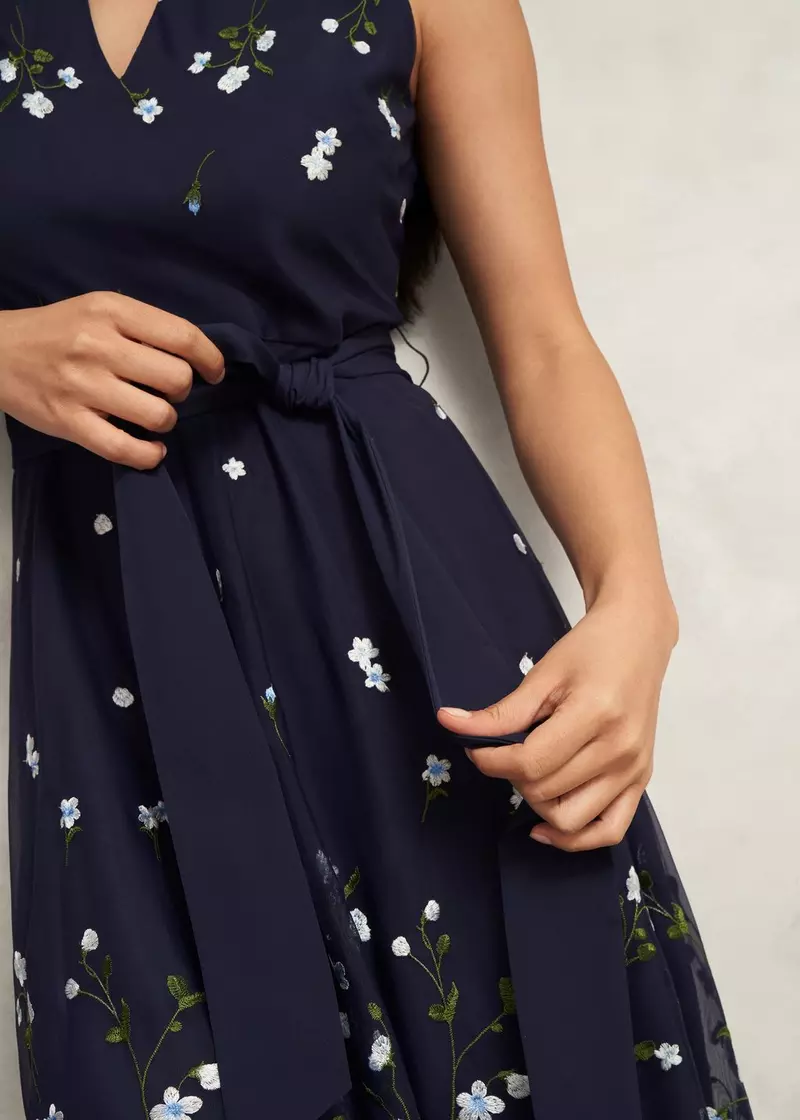 Petite Aria Floral Embroidered Dress, Midnight Blue, hi-res