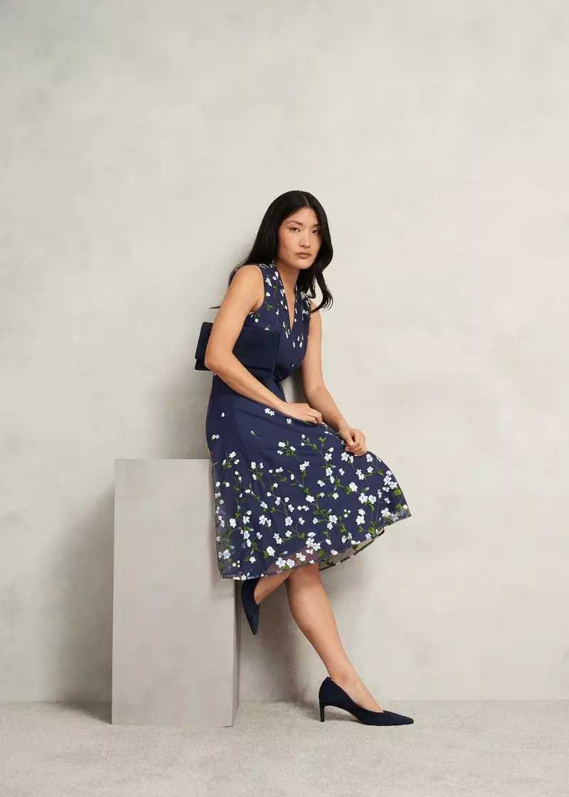 Petite Aria Floral Embroidered Dress, Midnight Blue, hi-res